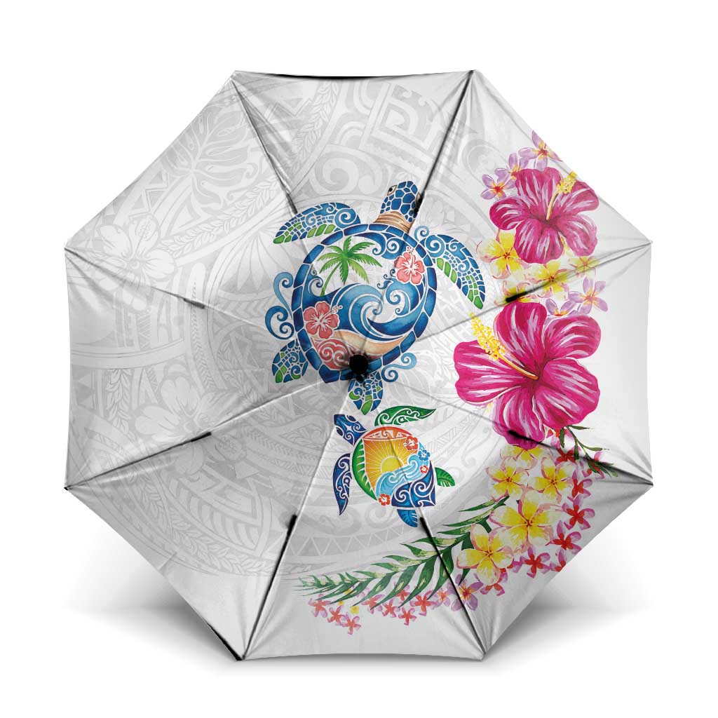 Hawaiian Abstract Art Turtles Umbrella with Plumeria and Hibiscus LT03 One Size Folded 11.42 inch Opened Diameter 37.4 inch White - Polynesian Pride