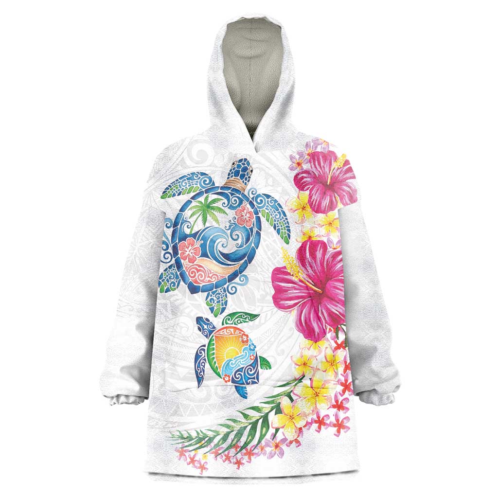 Hawaiian Abstract Art Turtles Wearable Blanket Hoodie with Plumeria and Hibiscus LT03 One Size White - Polynesian Pride