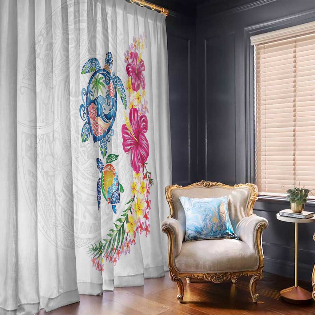 Hawaiian Abstract Art Turtles Window Curtain with Plumeria and Hibiscus - Polynesian Pride