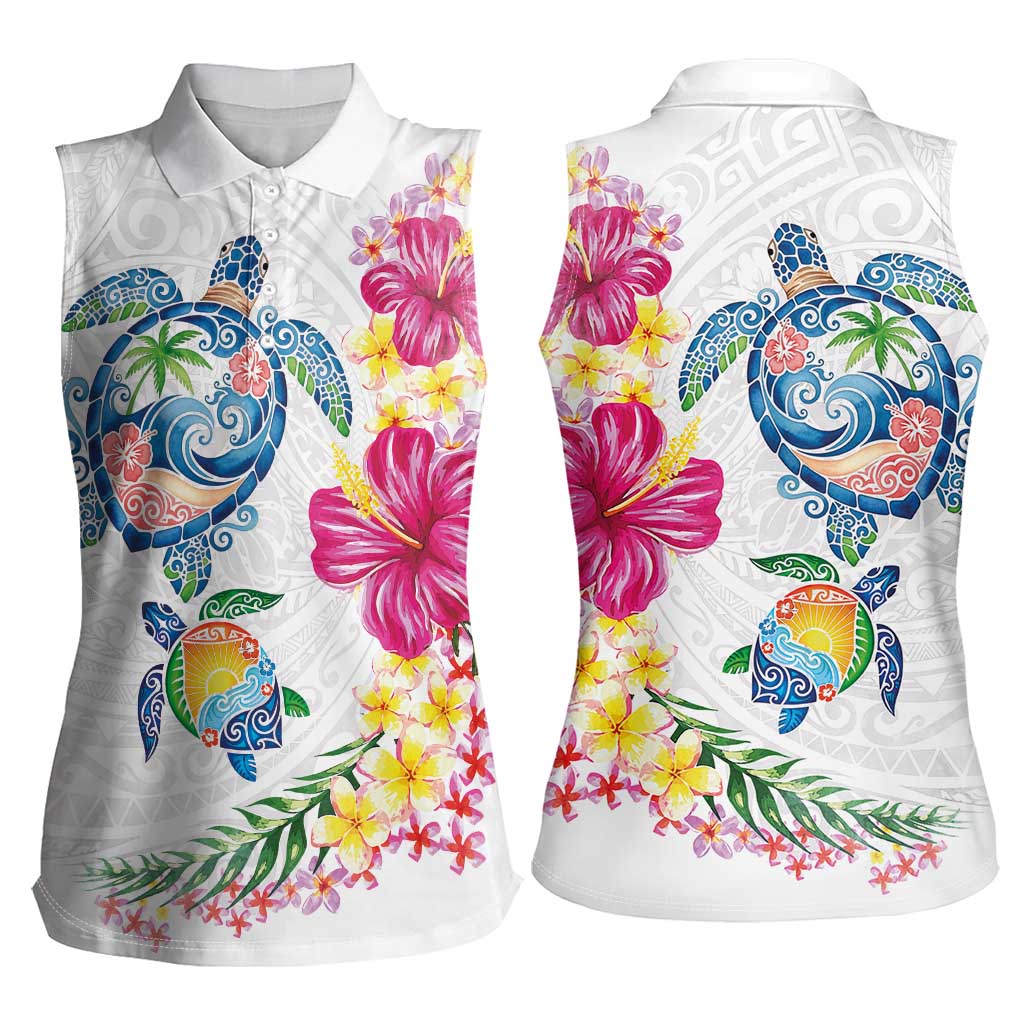 Hawaiian Abstract Art Turtles Women Sleeveless Polo Shirt with Plumeria and Hibiscus - Polynesian Pride
