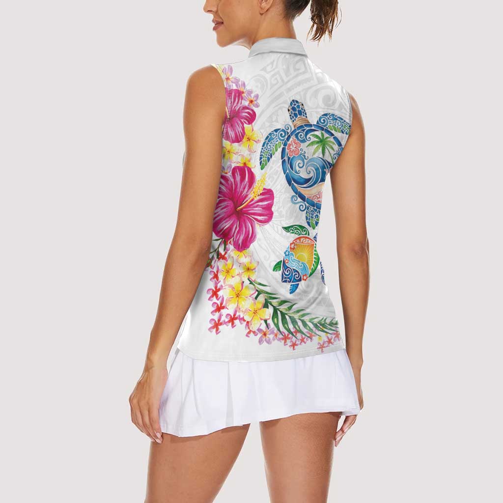 Hawaiian Abstract Art Turtles Women Sleeveless Polo Shirt with Plumeria and Hibiscus - Polynesian Pride