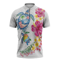 Hawaiian Abstract Art Turtles Zipper Polo Shirt with Plumeria and Hibiscus - Polynesian Pride
