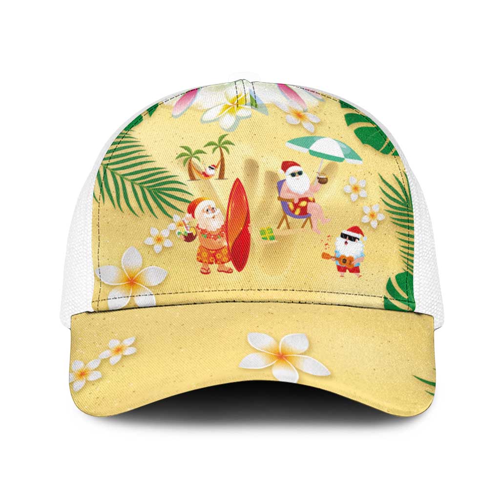 Hawaiian Mele Kalikimaka Baseball Net Cap Funny Santa Claus on Beach with Tropical Plants and Lei - Polynesian Pride