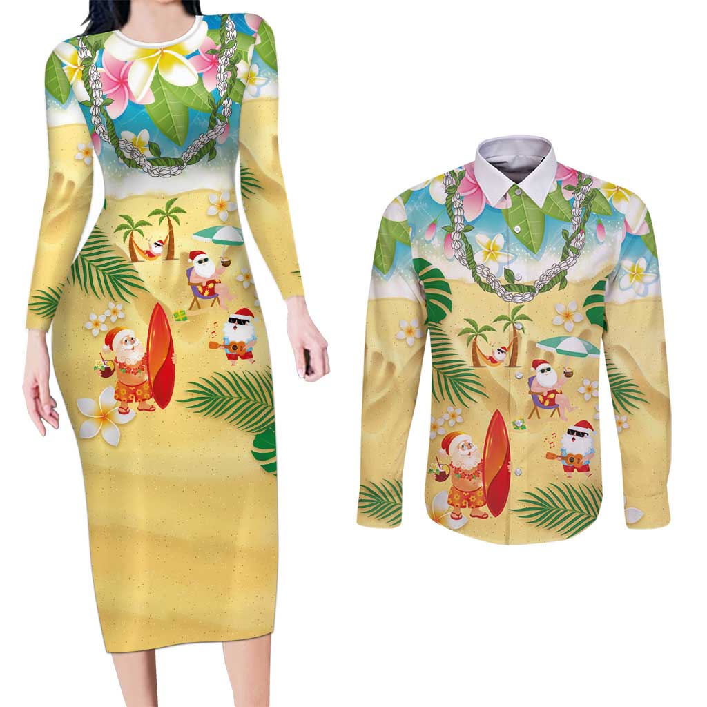 Hawaiian Mele Kalikimaka Couples Matching Long Sleeve Bodycon Dress and Long Sleeve Button Shirt Tropical Plumeria and Lei Funny Santa Beach - Polynesian Pride