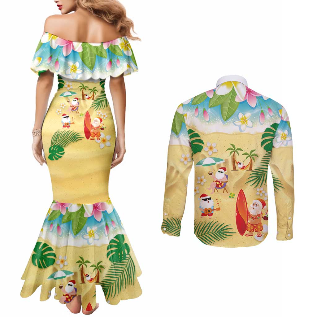 Hawaiian Mele Kalikimaka Couples Matching Mermaid Dress and Long Sleeve Button Shirt Tropical Plumeria and Lei Funny Santa Beach - Polynesian Pride