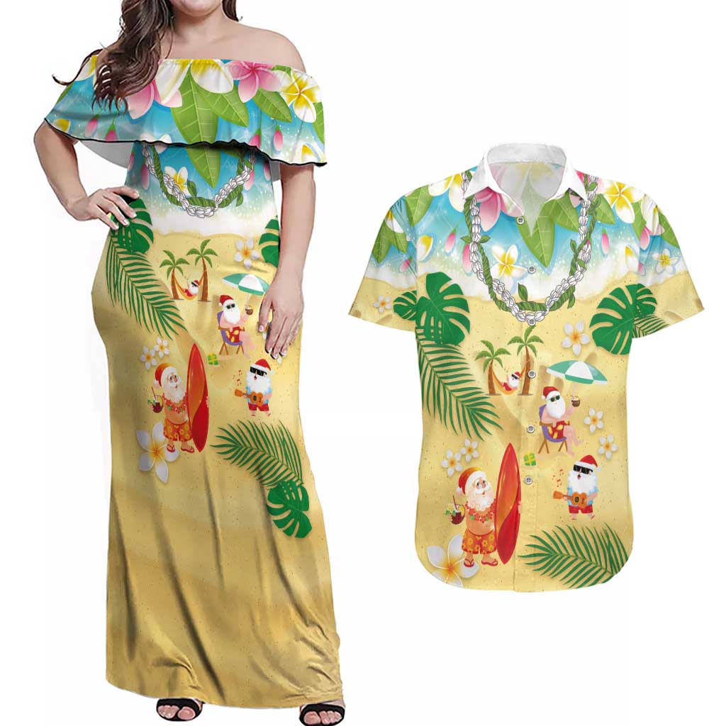 Hawaiian Mele Kalikimaka Couples Matching Off Shoulder Maxi Dress and Hawaiian Shirt Tropical Plumeria and Lei Funny Santa Beach - Polynesian Pride