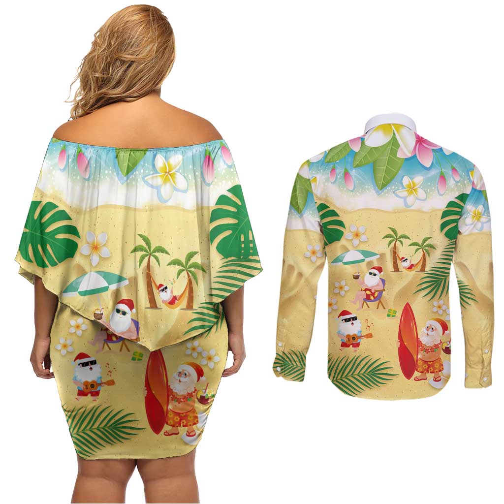 Hawaiian Mele Kalikimaka Couples Matching Off Shoulder Short Dress and Long Sleeve Button Shirt Tropical Plumeria and Lei Funny Santa Beach - Polynesian Pride