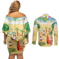 Hawaiian Mele Kalikimaka Couples Matching Off Shoulder Short Dress and Long Sleeve Button Shirt Tropical Plumeria and Lei Funny Santa Beach - Polynesian Pride