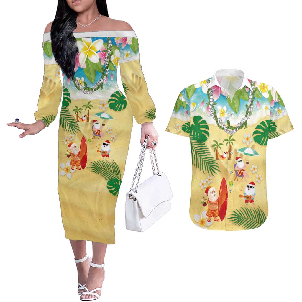Hawaiian Mele Kalikimaka Couples Matching Off The Shoulder Long Sleeve Dress and Hawaiian Shirt Tropical Plumeria and Lei Funny Santa Beach - Polynesian Pride