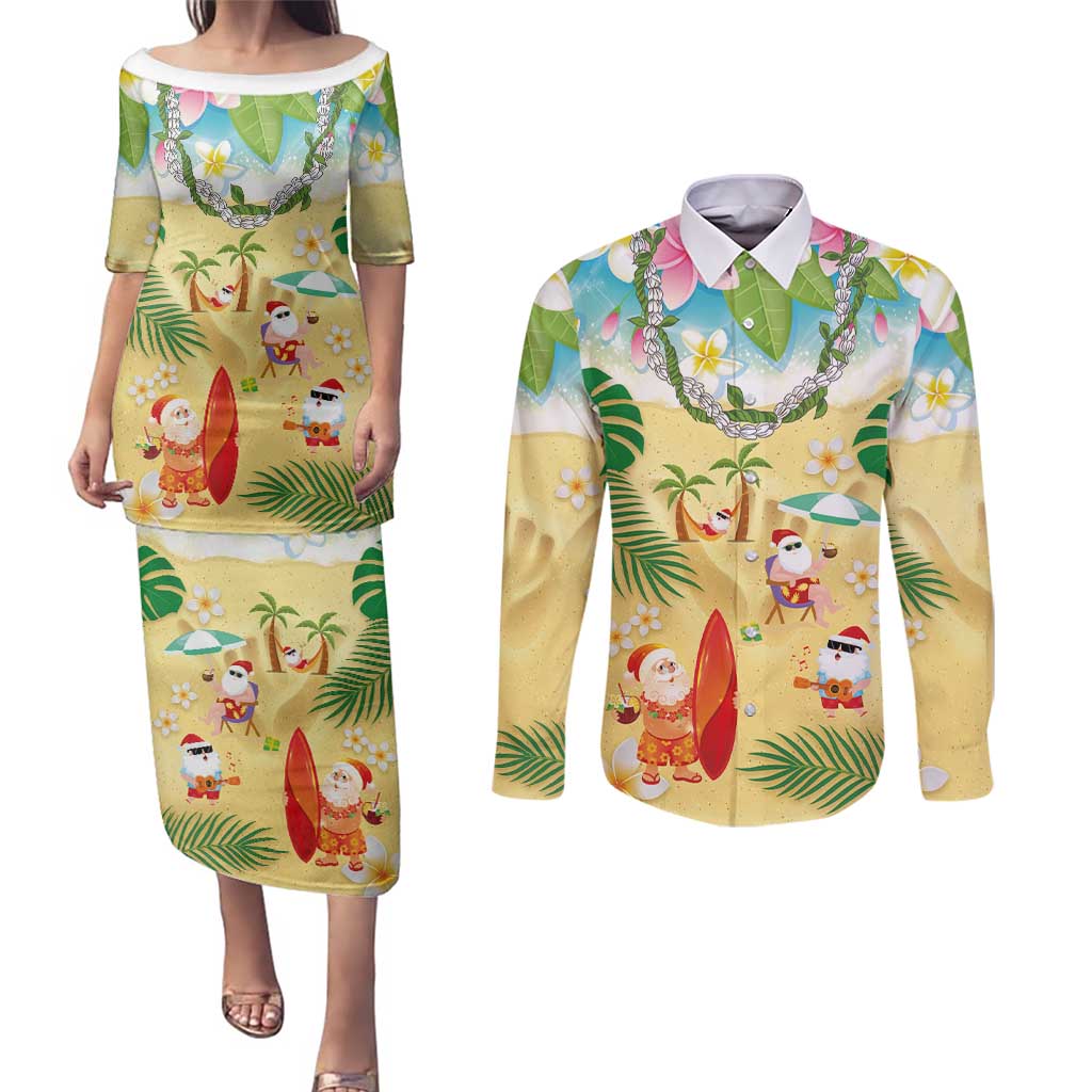 Hawaiian Mele Kalikimaka Couples Matching Puletasi and Long Sleeve Button Shirt Tropical Plumeria and Lei Funny Santa Beach - Polynesian Pride