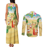 Hawaiian Mele Kalikimaka Couples Matching Tank Maxi Dress and Long Sleeve Button Shirt Tropical Plumeria and Lei Funny Santa Beach - Polynesian Pride