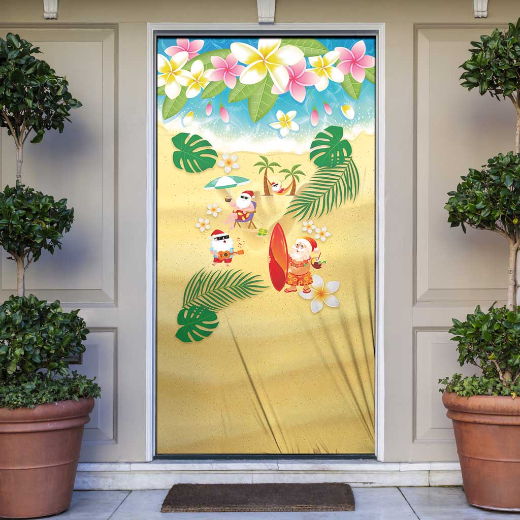 Hawaiian Mele Kalikimaka Door Cover Tropical Plumeria and Lei Funny Santa Beach - Polynesian Pride
