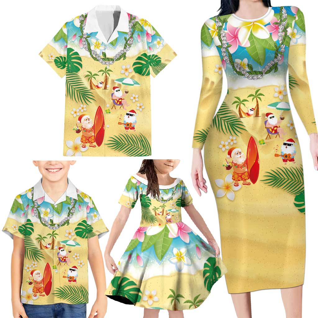 Hawaiian Mele Kalikimaka Family Matching Long Sleeve Bodycon Dress and Hawaiian Shirt Tropical Plumeria and Lei Funny Santa Beach - Polynesian Pride