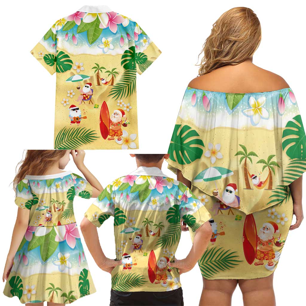 Hawaiian Mele Kalikimaka Family Matching Off Shoulder Short Dress and Hawaiian Shirt Tropical Plumeria and Lei Funny Santa Beach - Polynesian Pride