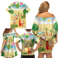 Hawaiian Mele Kalikimaka Family Matching Off Shoulder Short Dress and Hawaiian Shirt Tropical Plumeria and Lei Funny Santa Beach - Polynesian Pride