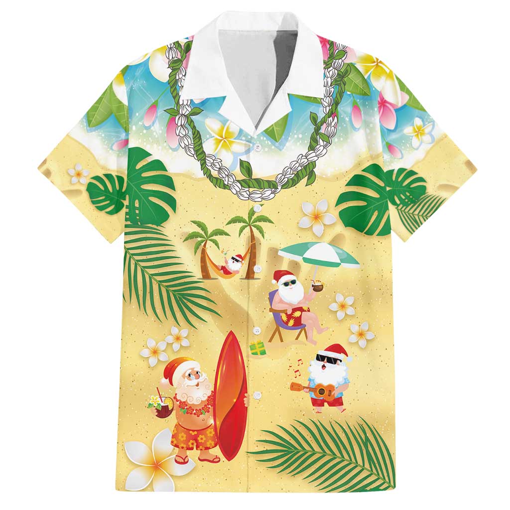 Hawaiian Mele Kalikimaka Family Matching Off Shoulder Short Dress and Hawaiian Shirt Tropical Plumeria and Lei Funny Santa Beach - Polynesian Pride
