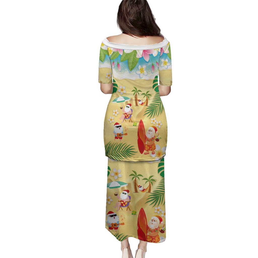 Hawaiian Mele Kalikimaka Family Matching Puletasi and Hawaiian Shirt Tropical Plumeria and Lei Funny Santa Beach - Polynesian Pride
