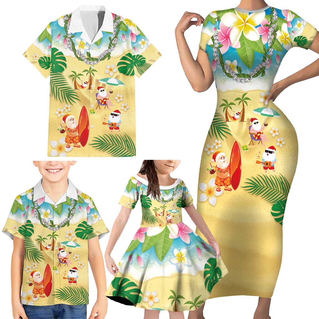 Hawaiian Mele Kalikimaka Family Matching Short Sleeve Bodycon Dress and Hawaiian Shirt Tropical Plumeria and Lei Funny Santa Beach - Polynesian Pride