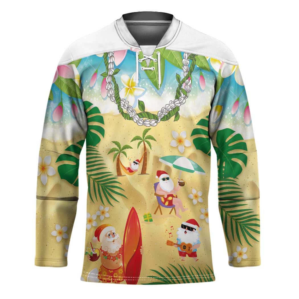 Hawaiian Mele Kalikimaka Hockey Jersey Tropical Plumeria and Lei Funny Santa Beach - Polynesian Pride