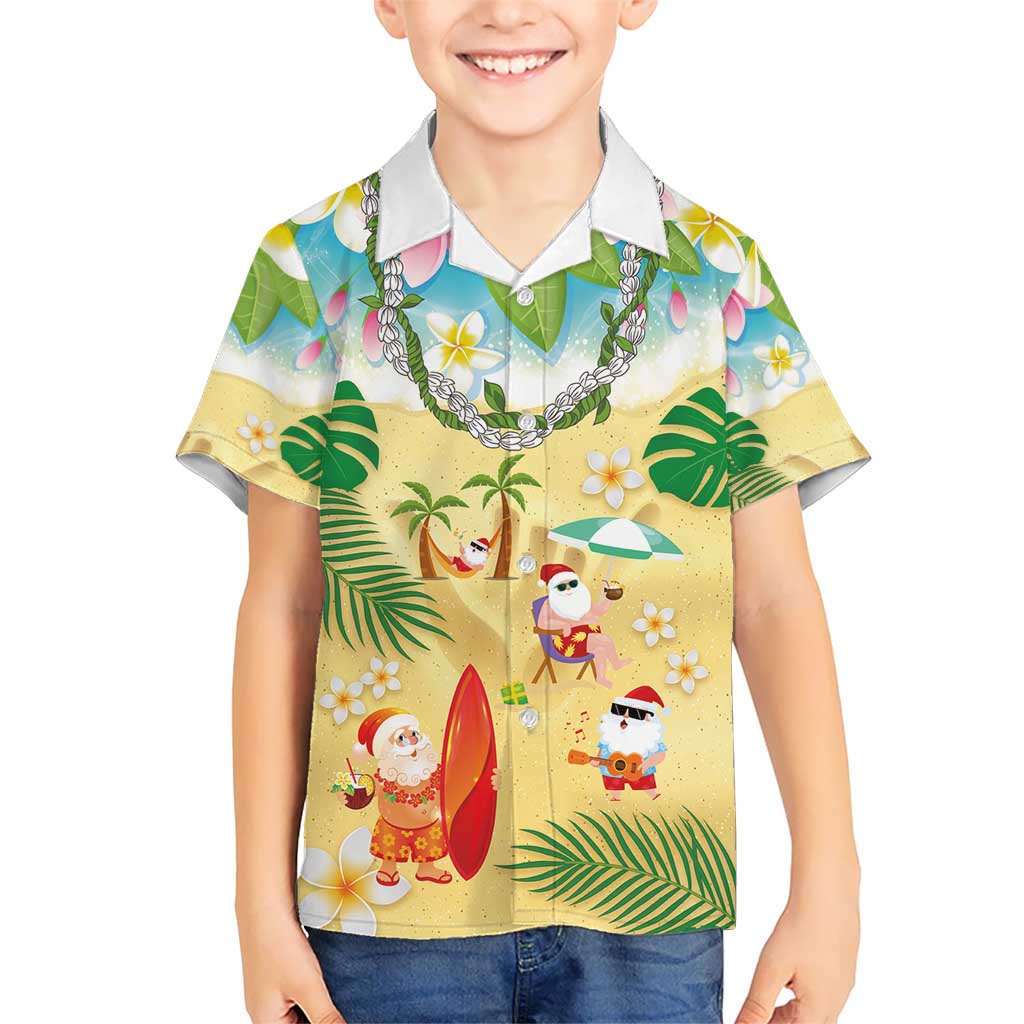 Hawaiian Mele Kalikimaka Kid Hawaiian Shirt Tropical Plumeria and Lei Funny Santa Beach - Polynesian Pride