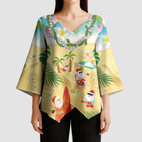 Hawaiian Mele Kalikimaka Kimono Sleeve Blouse Tropical Plumeria and Lei Funny Santa Beach - Polynesian Pride