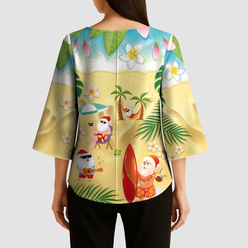 Hawaiian Mele Kalikimaka Kimono Sleeve Blouse Tropical Plumeria and Lei Funny Santa Beach - Polynesian Pride
