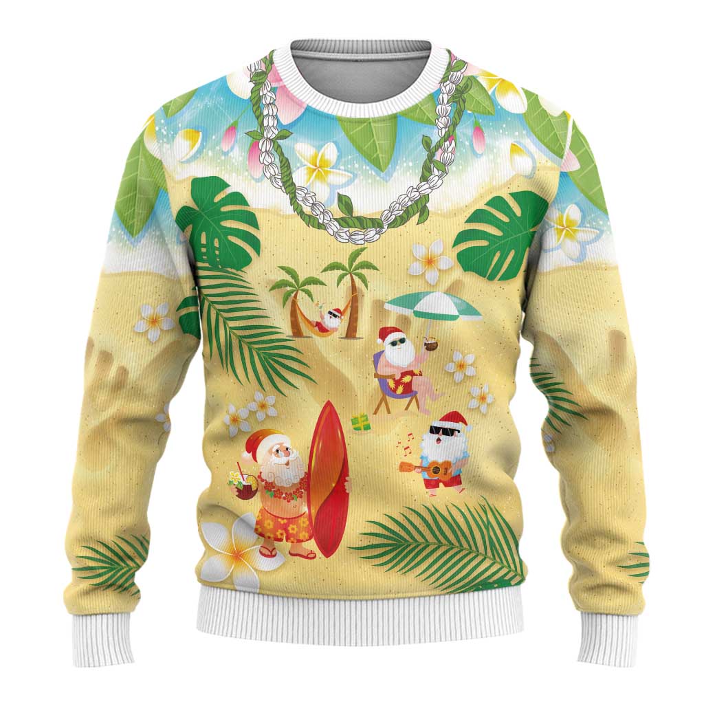 Hawaiian Mele Kalikimaka Ugly Christmas Sweater Funny Santa Claus on Beach with Tropical Plants and Lei - Polynesian Pride