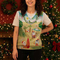 Hawaiian Mele Kalikimaka Christmas Knitted V-Neck Vest Funny Santa Claus on Beach with Tropical Plants and Lei - Polynesian Pride