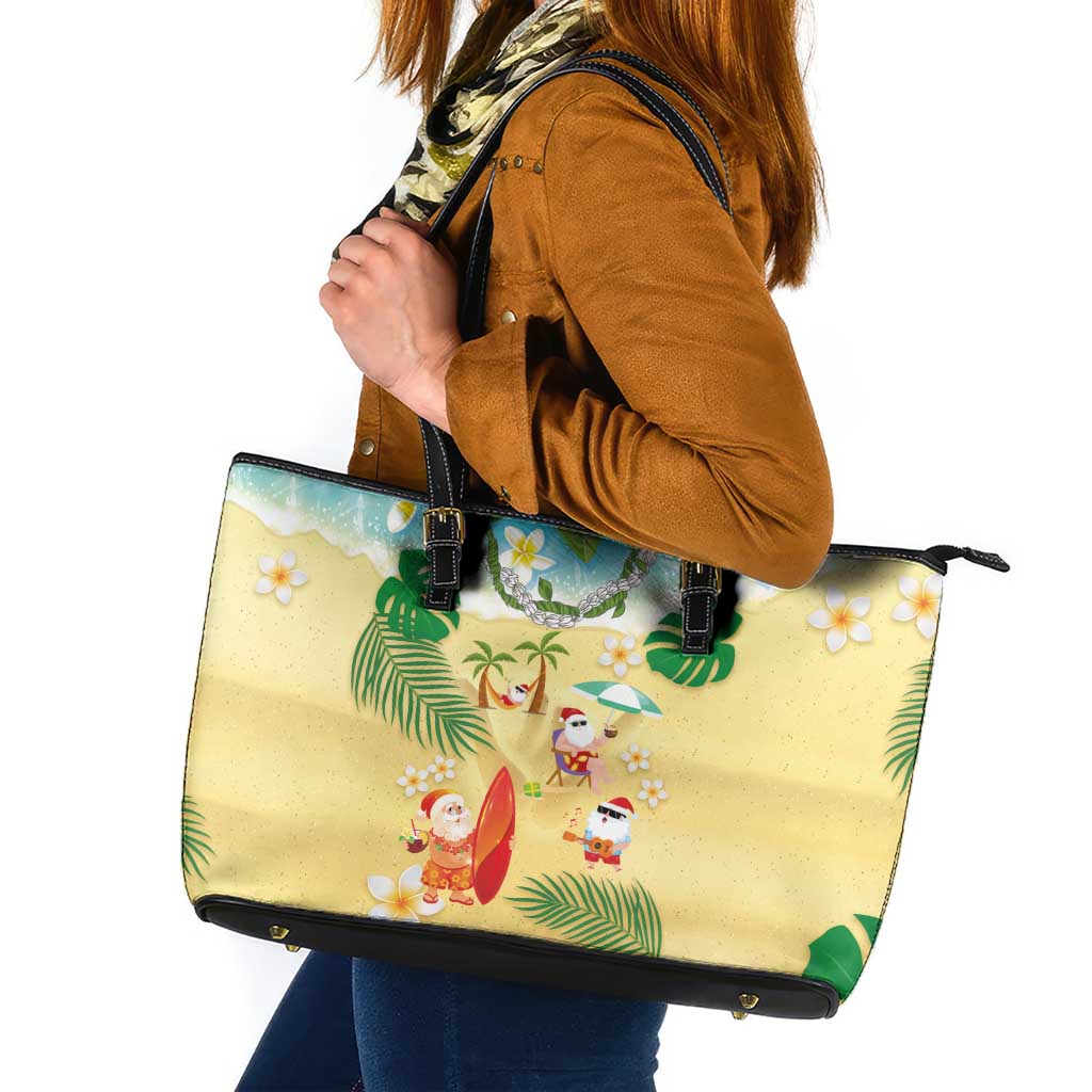 Hawaiian Mele Kalikimaka Leather Tote Bag Tropical Plumeria and Lei Funny Santa Beach - Polynesian Pride