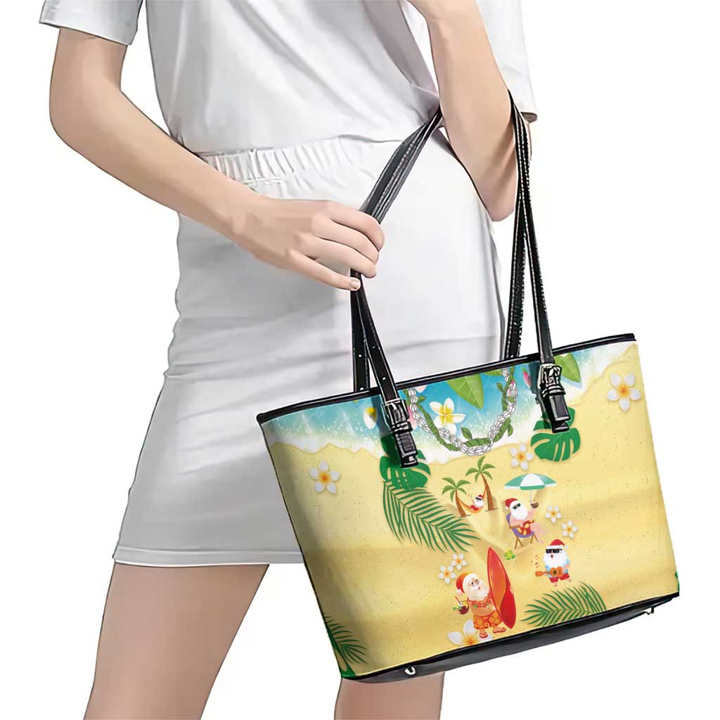 Hawaiian Mele Kalikimaka Leather Tote Bag Tropical Plumeria and Lei Funny Santa Beach - Polynesian Pride