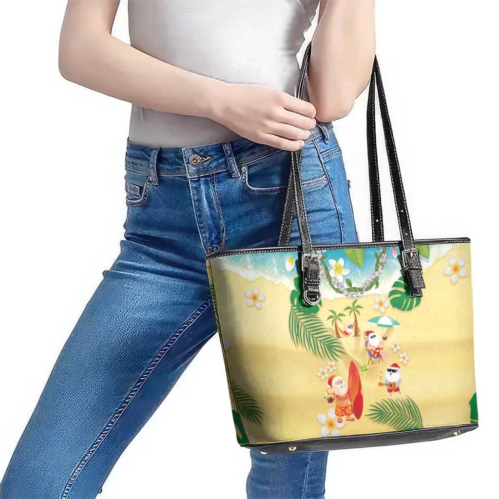 Hawaiian Mele Kalikimaka Leather Tote Bag Tropical Plumeria and Lei Funny Santa Beach - Polynesian Pride