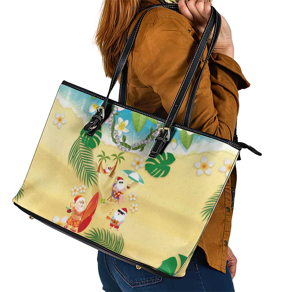 Hawaiian Mele Kalikimaka Leather Tote Bag Tropical Plumeria and Lei Funny Santa Beach - Polynesian Pride