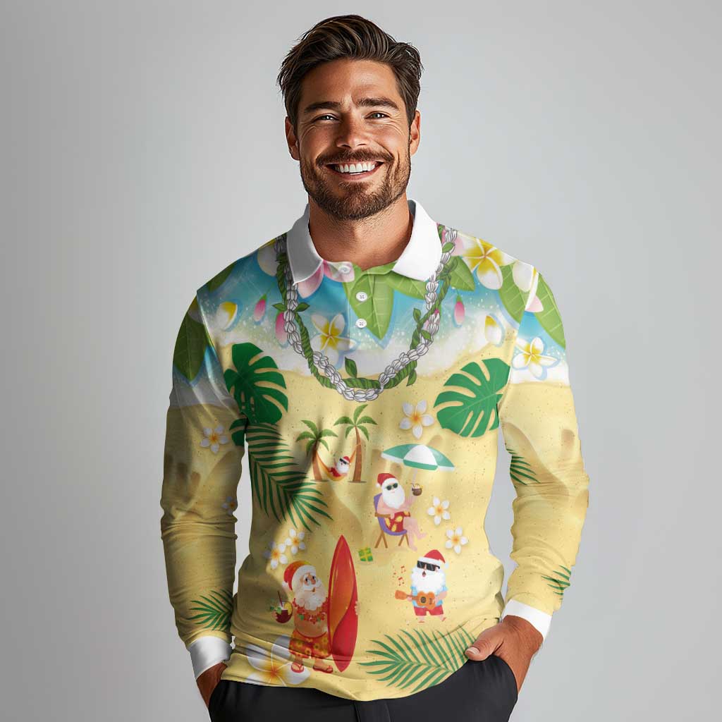 Hawaiian Mele Kalikimaka Long Sleeve Polo Shirt Tropical Plumeria and Lei Funny Santa Beach - Polynesian Pride
