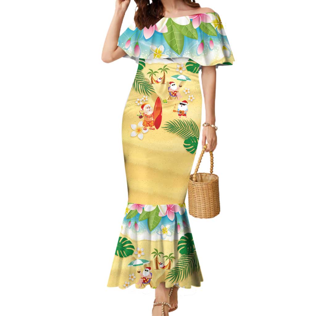 Hawaiian Mele Kalikimaka Mermaid Dress Tropical Plumeria and Lei Funny Santa Beach