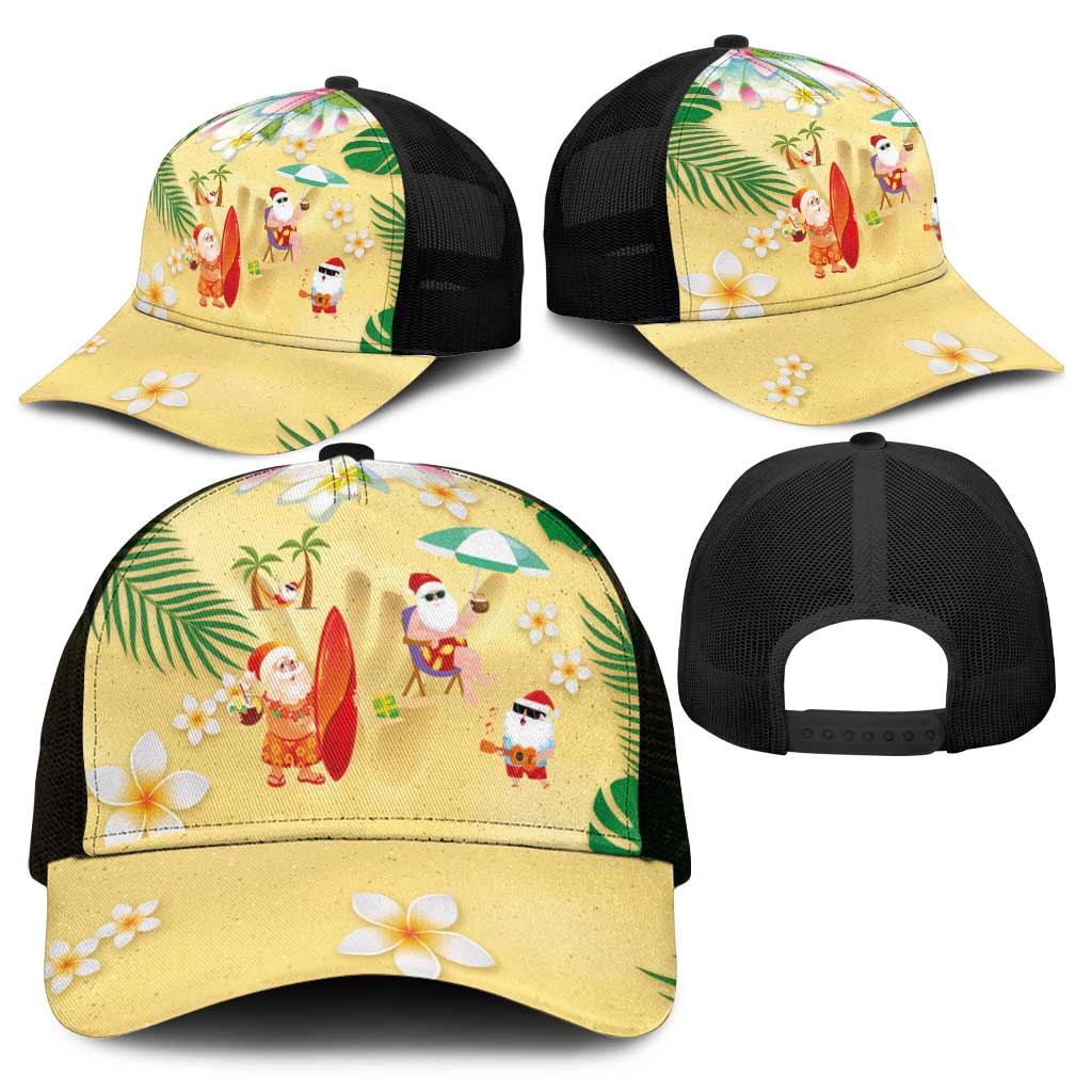 Hawaiian Mele Kalikimaka Mesh Trucker Cap Funny Santa Claus on Beach with Tropical Plants and Lei - Polynesian Pride