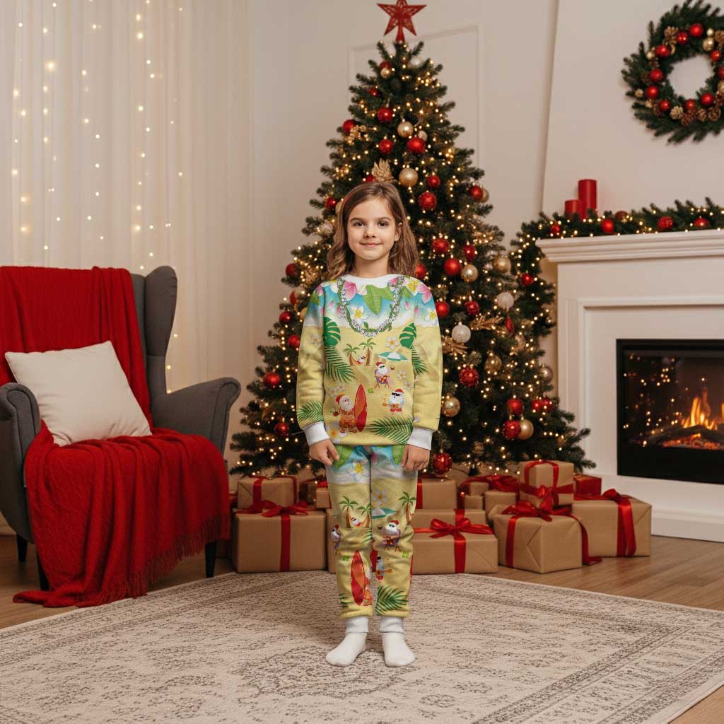 Hawaiian Mele Kalikimaka Christmas Pajama Set Funny Santa Claus on Beach with Tropical Plants and Lei - Polynesian Pride
