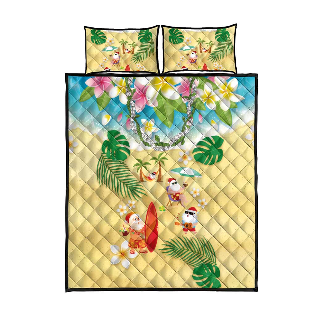 Hawaiian Mele Kalikimaka Quilt Bed Set Tropical Plumeria and Lei Funny Santa Beach - Polynesian Pride