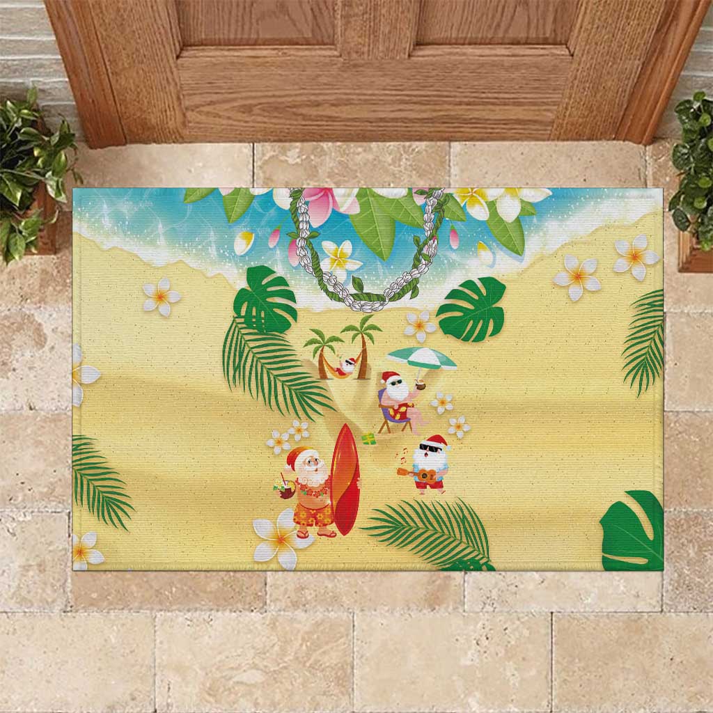 Hawaiian Mele Kalikimaka Rubber Doormat Tropical Plumeria and Lei Funny Santa Beach LT03 Multicolor - Polynesian Pride