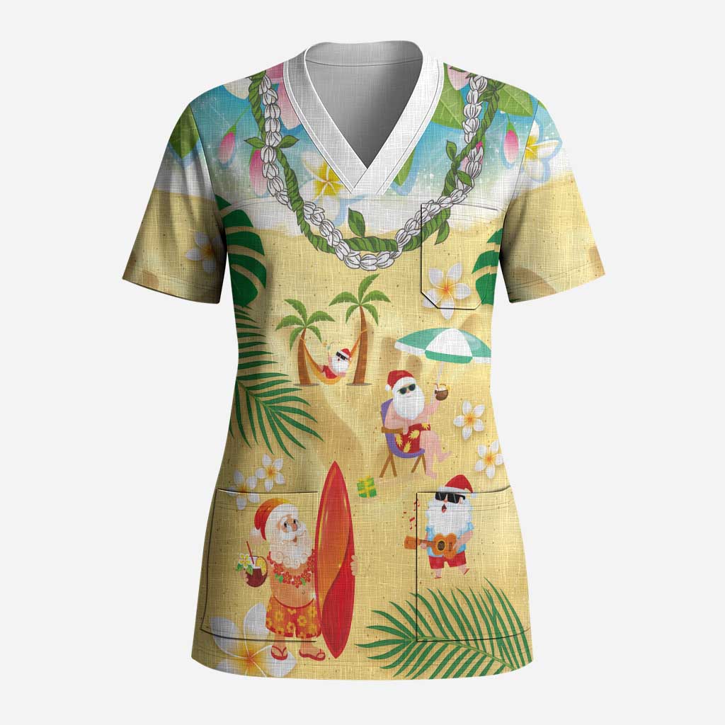 Hawaiian Mele Kalikimaka Scrub Top Tropical Plumeria and Lei Funny Santa Beach - Polynesian Pride