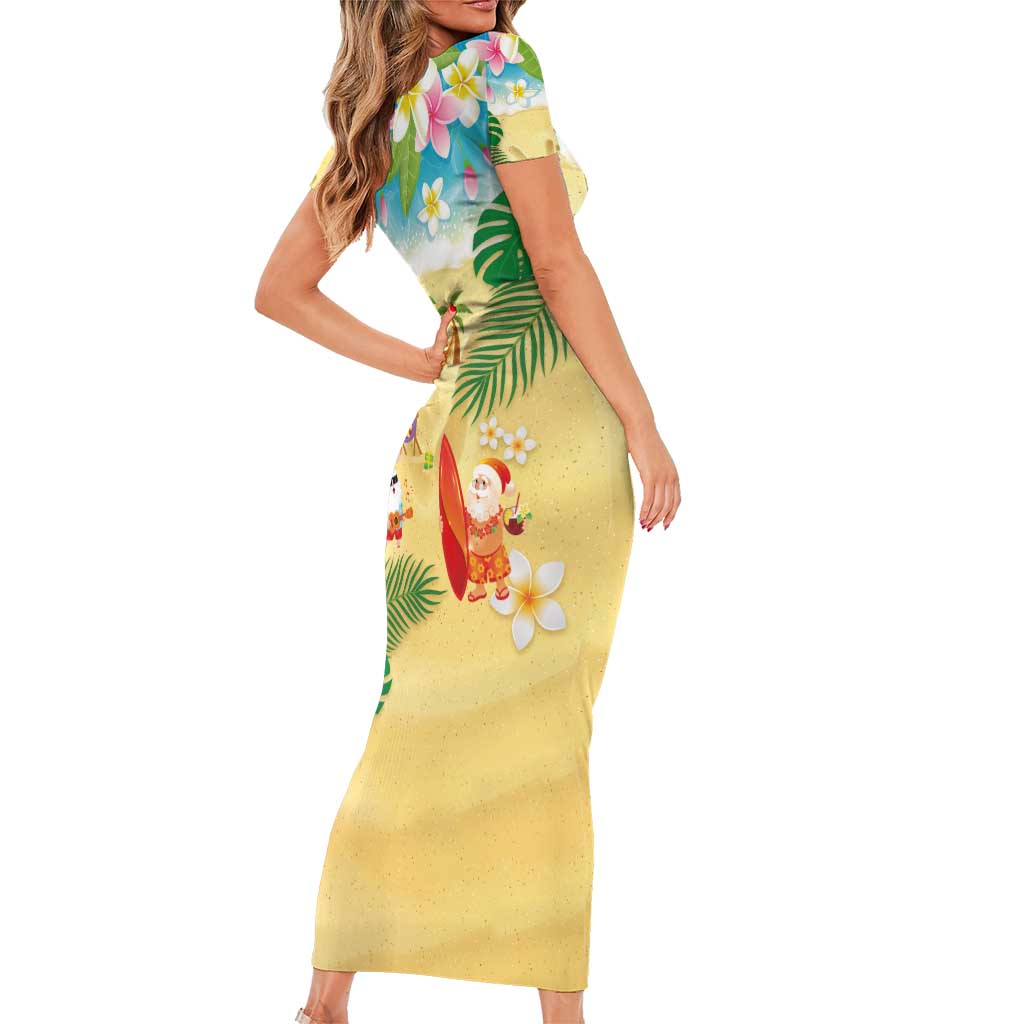 Hawaiian Mele Kalikimaka Short Sleeve Bodycon Dress Tropical Plumeria and Lei Funny Santa Beach - Polynesian Pride