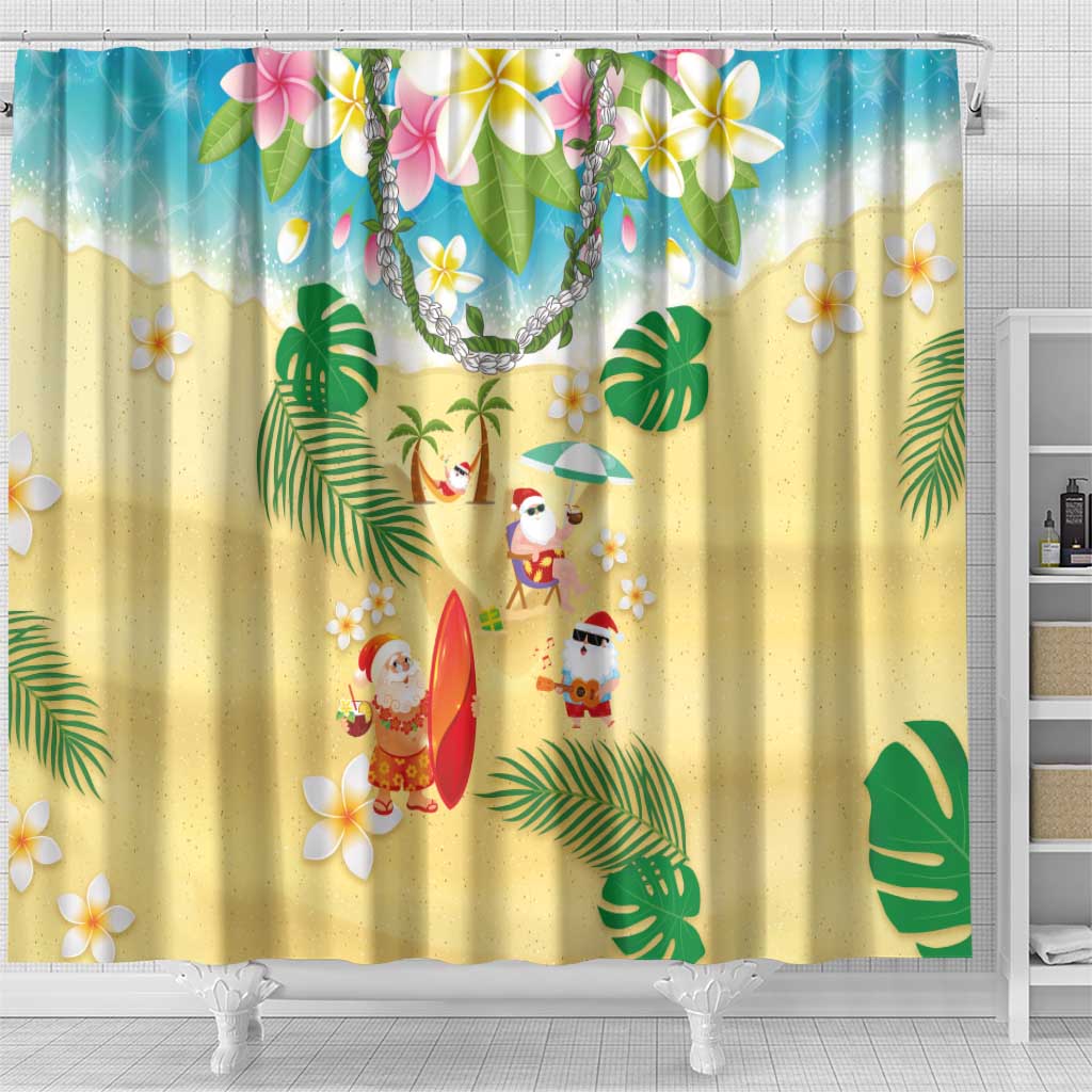 Hawaiian Mele Kalikimaka Shower Curtain Tropical Plumeria and Lei Funny Santa Beach - Polynesian Pride