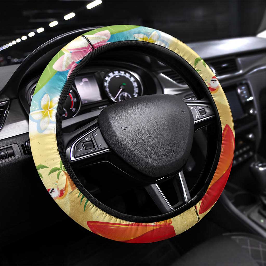Hawaiian Mele Kalikimaka Steering Wheel Cover Tropical Plumeria and Lei Funny Santa Beach - Polynesian Pride
