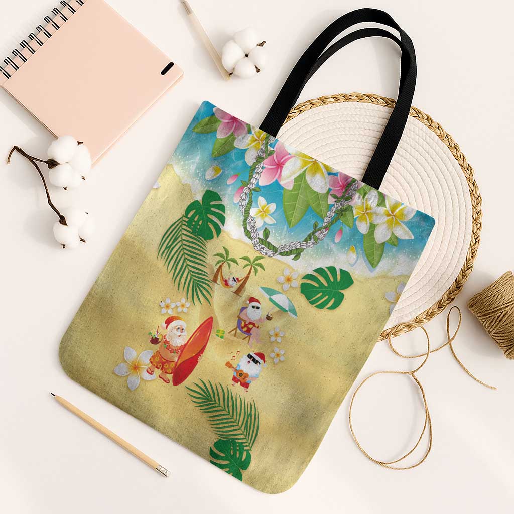 Hawaiian Mele Kalikimaka Tote Bag Tropical Plumeria and Lei Funny Santa Beach - Polynesian Pride