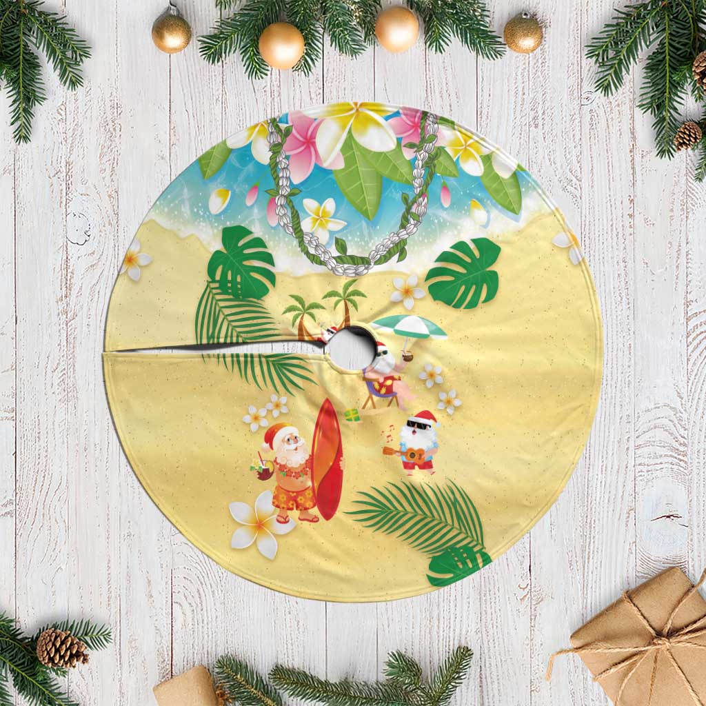 Hawaiian Mele Kalikimaka Tree Skirt Funny Santa Claus on Beach with Tropical Plants and Lei - Polynesian Pride