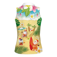 Hawaiian Mele Kalikimaka Women Sleeveless Polo Shirt Tropical Plumeria and Lei Funny Santa Beach - Polynesian Pride