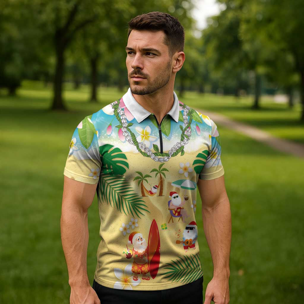 Hawaiian Mele Kalikimaka Zipper Polo Shirt Tropical Plumeria and Lei Funny Santa Beach - Polynesian Pride