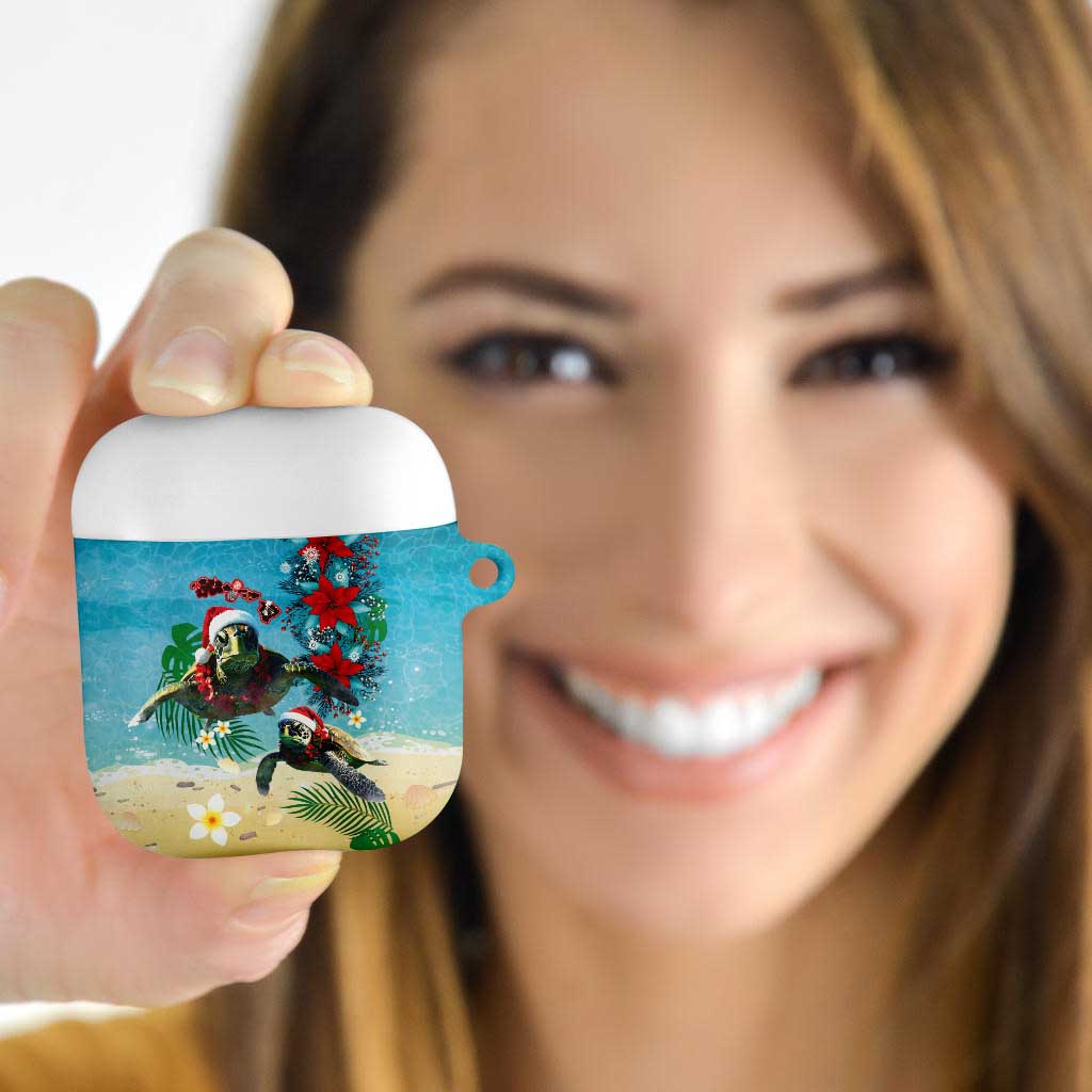 Hawaiian Mele Kalikimaka AirPods Case Tropical Xmas Turtles Red Poinsettia Watercolor - Polynesian Pride