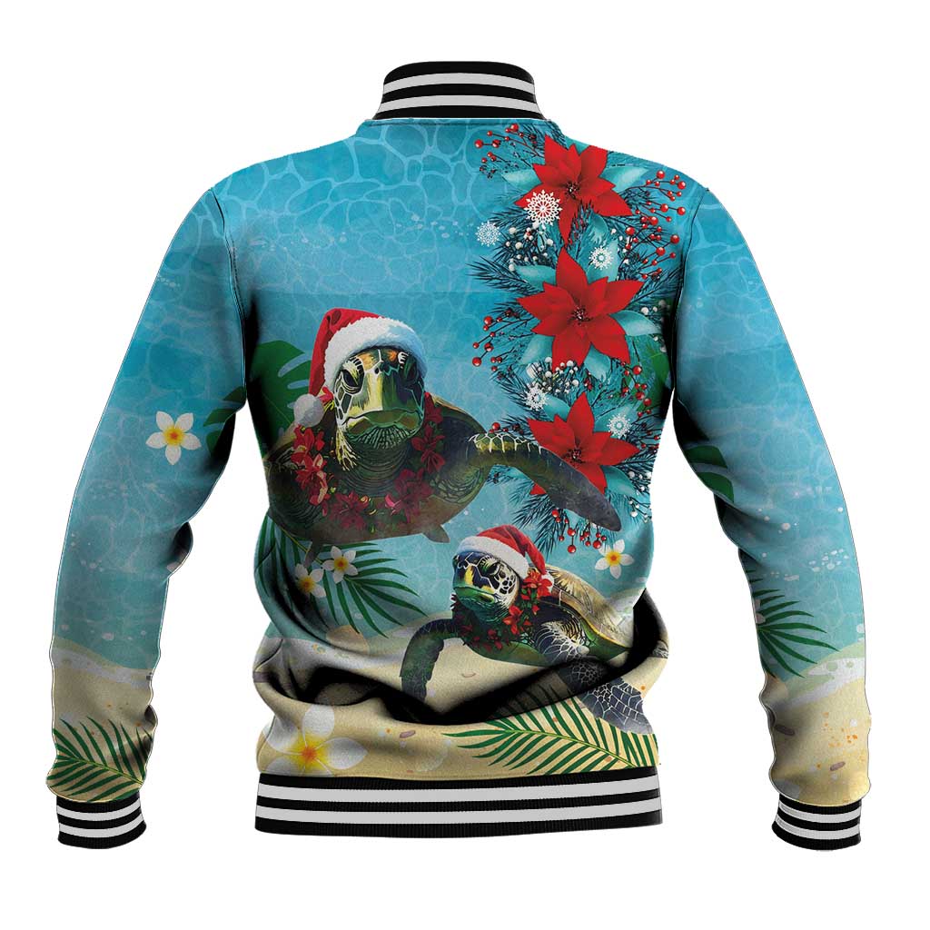 Hawaiian Mele Kalikimaka Baseball Jacket Tropical Xmas Turtles Red Poinsettia Watercolor - Polynesian Pride