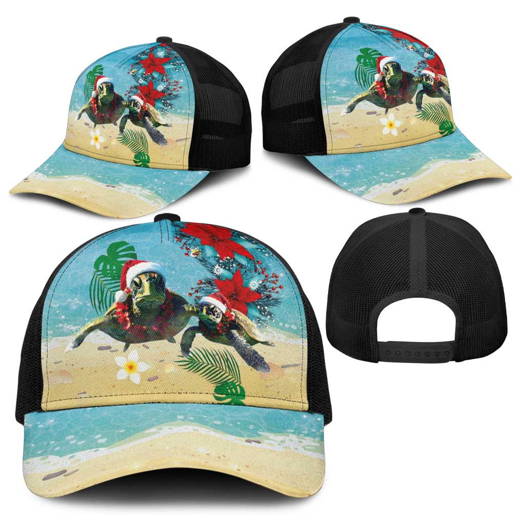 Hawaiian Mele Kalikimaka Baseball Net Cap Xmas Turtles and Tropical Plants with Red Poinsettia Watercolor Style - Polynesian Pride
