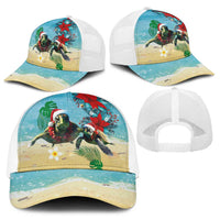 Hawaiian Mele Kalikimaka Baseball Net Cap Xmas Turtles and Tropical Plants with Red Poinsettia Watercolor Style - Polynesian Pride